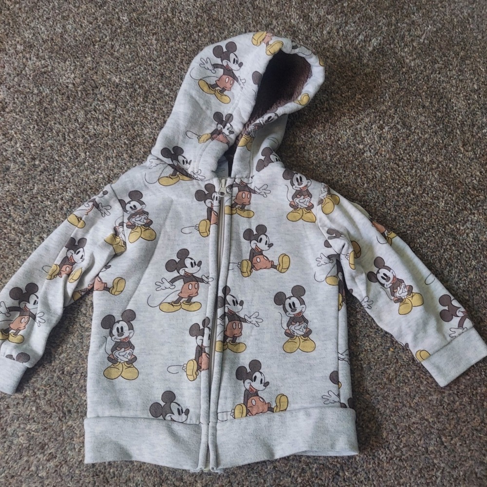 Disney Mickey Mouse Kids Sherpa Lined Zip Up Hoodie Gray All Over Print 3T